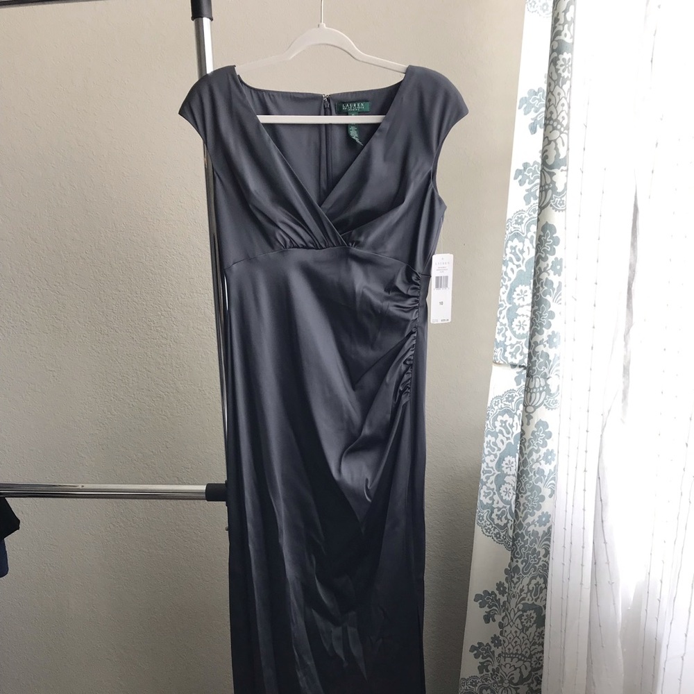 NWT Ralph Lauren Satin Surplice Gown Slate Grey 10